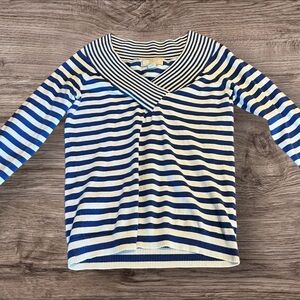 Banana Republic Striped V-Neck Summer Sweater Small Blue White 3/4 Sleeve